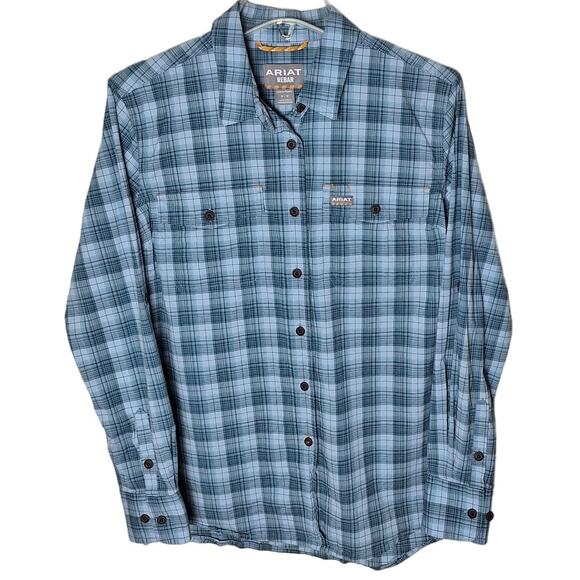 Ariat Rebar Women Medium Blue Plaid Western Cotton Stretch Button Front Shirt - Picture 1 of 9